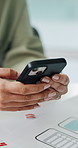 Phone, hands and businesswoman in office with communication, networking or connectivity. Research, technology and female creative designer with texting on mobile app with cellphone in workplace.