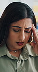 Office, pain and business woman with headache, reflection and burnout with deadline pressure. Thinking, fail and tired employee with migraine, brain fog and fatigue with stress for mistake in company