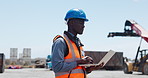 Export, inspection and black man with laptop, shipping yard and thinking with distribution. African person, outdoor and employee with pc, problem solving and planning with import, solution and choice