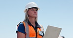 Export, thinking and woman with laptop, shipping yard and problem solving with distribution. Person, outdoor and employee with pc, inspection and planning with import, solution and below with choice