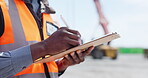 Hands, person and writing on clipboard at shipyard for inspection, logistics and cargo distribution. Thinking, worker and checklist for shipping, inventory and supply chain information for freight