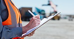 Clipboard, construction site and hands of person for inspection, checklist and planning. Writing notes, outdoor and worker with paperwork for building project, compliance survey and quality assurance