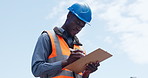 Black man, writing and clipboard at shipyard for inspection, logistics and cargo distribution. Below, thinking and person with checklist for shipping, inventory and supply chain information of export