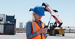 Woman, reading and phone at shipping yard for research, delivery schedule and inventory management. Thinking, mature person and mobile for cargo, supply chain and freight information for distribution