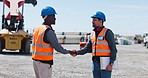 Men, shaking hands and logistics at port with welcome, smile and onboarding for shipping job. People, handshake and hiring with recruitment, thanks or supply chain management at distribution plant