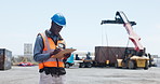 Man, logistics and clipboard at port, shipping or thinking with admin for supply chain management. African person, checklist and writing for distribution report, cargo or freight at harbor in Nigeria