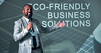 Black man, presenter and mic for presentation on sustainable business with eco friendly solution. Mature person, speech and awareness of green practice, renewable energy and policy change for ecology