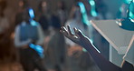 Business person, hands or meeting with podium or crowd in auditorium for presentation or seminar. Back view, employee or speaker with microphone, team or audience for workshop or corporate trade show