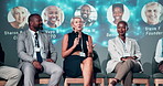 Group, speech and woman with mic, stage and presentation for future of technology, talk or strategy. Podium, people and listening to speaker in conference, motivation and discussion for business