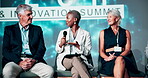 Team, microphone and stage with business woman at conference for finance summit, innovation and seminar. Tradeshow symposium, speech and broker convention with employees for event and keynote panel