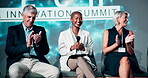Applause, team and stage with business people at conference for finance summit, innovation and seminar. Tradeshow symposium, speech and broker convention with employees for expo event and succes
