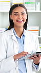Face, pharmacy and woman with smile  tablet and digital app for inventory, pride and healthcare. Happy person, employee or pharmacist in store, tech or online checklist for medicine stock or internet