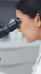 Microscope, sample and science with woman in laboratory for medical development or research. Discovery, pharmaceuticals and specimen with scientist at work on clinical trial, experiment or test