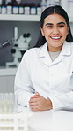 Face, microscope and smile with woman in science  laboratory for medical development or research. Equipment, pharmaceuticals and sample with happy scientist at work on clinical trial or experiment