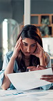 Woman, headache and multitasking with document in office for signature, phone call and work chaos. Timelapse, overwhelmed person and reading paperwork with laptop, jugging tasks and deadline pressure