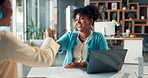 Woman, handshake and interview at office for hiring, welcome or excited for onboarding at startup. People, human resource manager and shaking hands for deal, thanks or recruitment at creative agency
