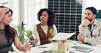 Paperwork, business people or discussion in office meeting, sustainability and solar panel chart. Talk, team and document for clean energy, environmental impact or ESG report with strategy analysis