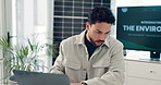 Laptop, paperwork and businessman in office with research for environment project with conservation. Documents, typing and male sustainability compliance officer with computer for forestry report.
