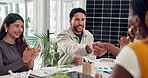 Applause, handshake and welcome with business people in solar energy office for interview success. Clapping, hiring and meeting with employee team shaking hands at work for photovoltaic development