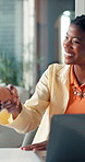 Recruitment, laptop and woman with handshake in office, interview success and welcome new employee. Congratulations, job opportunity and HR manager shaking hands for onboarding, tech and hiring staff