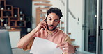 Media agency, phone call and man with documents, laptop and planning with feedback for news report, Employee, smartphone and person in workplace, communication and submission with schedule and app