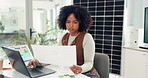 Reading, document and woman with laptop, office and risk management with data analysis and research. Online, info and black person with tech for tax preparation, graphs and accountant with paperwork