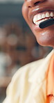 Happy, woman and mouth with mic at call centre for consultation, customer support and advice. Closeup, bokeh and agent talking with headset for crm, telecom and helping client with online assistance