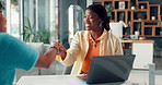 Women, handshake and interview at startup for thanks, welcome or excited for onboarding at company. People, human resource manager and shaking hands for deal, hiring or recruitment at creative agency