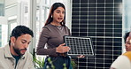 Presentation, solar panel and meeting with business woman in office for photovoltaic pitch, team or planning. Renewable energy, grid prototype and sustainability project with employees in eco startup