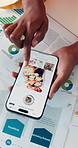 Hands, menu and phone screen with business person on office for online order of takeout food. App, browsing and takeaway with employee at desk in workplace for decision or meal purchase from above