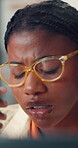Burnout, thinking and black woman with stress for proposal mistake, overwhelmed and workplace pressure. Laptop, frustrated and employee with glasses, fail project or report deadline for brain fog.