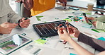 Tablet, documents and hands of business people with cables in office for planning with creative project. Technology, prototype and team of designers in meeting for wires research in collaboration.