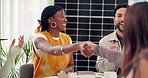Success, handshake or people in office with smile, clap or approval of sustainable project. Applause, pitch or investor in agency with shaking hands, good news or agreement or eco friendly proposal.