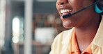 Telemarketing, woman and speaking in office with mouth to sell insurance product and company service. Black person, contact client and talking for lead generation, market survey info or sales target.