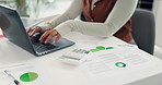 Online, data entry and hands with laptop, office and risk assessment with data analysis or research. Typing, info and person with calculator for forecasting, graphs and accountant with paperwork