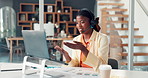 Woman, video call and talk in office with laptop for data analysis, stats review and financial report. Black person, computer and online meeting with client for finance advice, research and planning.