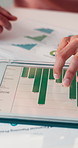 Documents, hands and tablet screen with business person in office for accounting, budget or finance. App, charts and information with employee in financial workplace for review of data or statistics