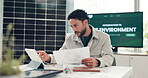 Business, man and documents with tablet in office to prepare for environment presentation. Male person, paperwork and digital for sustainable report, climate change awareness and eco-friendly project