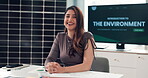 Computer screen, face and solar panel with business woman in office for eco friendly energy. Conservation, environment and photovoltaic power with happy employee in green workplace for sustainability