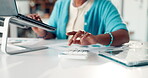 Hands, calculator or woman in office with laptop, finance forecast or risk analysis for company report. Digital, stats or analyst in agency with tech, data and performance review in budgeting project