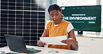 Creative, black woman and reading document in office to prepare for environment presentation. Person, paperwork and laptop with sustainable report, climate change awareness and eco-friendly proposal