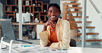 Face, black woman or smile in office with laptop for financial growth, data analysis or stats review. Happy, person and computer in workplace with pride for business, career development and about us.