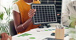 Solar panel, business people and discussion in office meeting with hands, sustainability or analysis. Photovoltaic cell, team and talk in startup for clean energy, metrics or eco friendly project