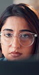 Creative, research and woman with laptop, office and planning for design project, vision and online. Graphic designer, reflection and person with blue light blocking glasses, serious or ideas on web