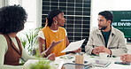 Documents, business people or discussion in office meeting, sustainability or laugh with solar panel. Paperwork, team or talk in startup for clean energy, environmental project or funny joke with ESG