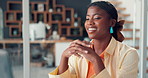 Happy, black woman or good news with laptop for project success, deadline or productivity in office. Female person, designer or smile with computer for report, productive day or ambition in workplace