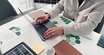 Typing, online and hands with laptop, office and data analysis with renewable energy report or stats. Sustainable business, accountant and person with tech for risk assessment, graphs and paperwork