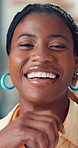 Business, black woman and face in office with confidence, pride and journalist career. Creative media, news agency and portrait of happy person with laugh for copywriting, editor job and reporter