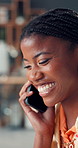 Media agency, phone call and black woman with conversation, funny and schedule for submission. African person, laughing or journalist with digital app, cellphone or contact with questions for article