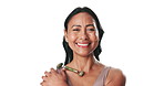 Skincare, laugh or woman face with roller in studio for anti aging, facial massage or prevent wrinkles. Lymphatic drainage, space or mature person with dermatology tool, self care or white background